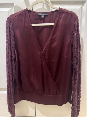 INC International Concepts Maroon Lace-Sleeve Wrap Top